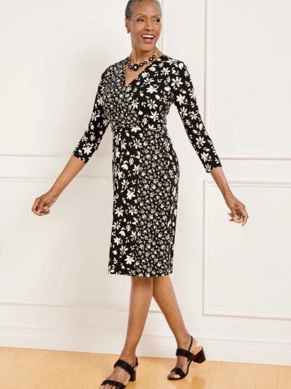 Talbots Faux Wrap Dress 2X NWT Jersey Stretch Black White Bicolor Floral Midi